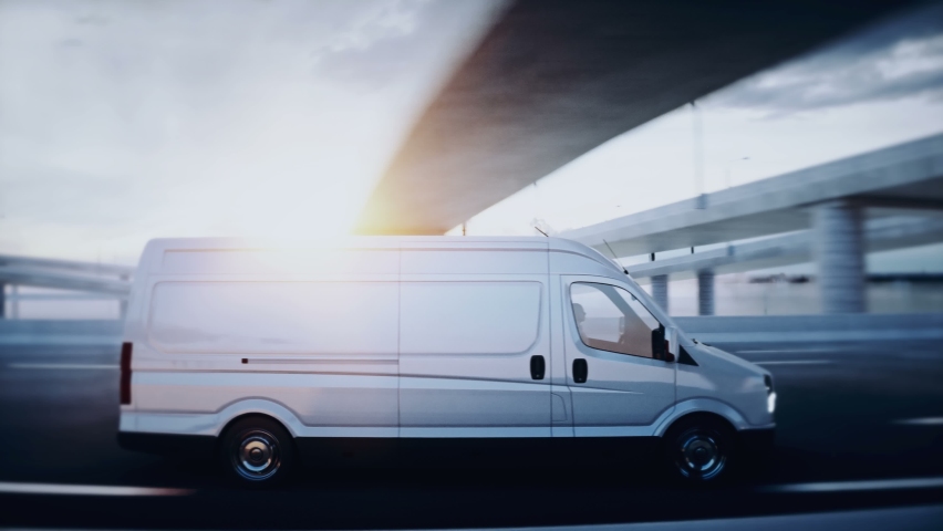 3d generic white delivery van on highway. Very fast driving. Delivery concept. Realistic 4k animation. | Shutterstock HD Video #1079705624