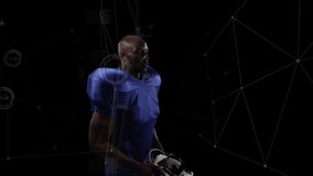 Animation of network of connections over african american american football player. global connections, sports and competition concept digitally generated video.