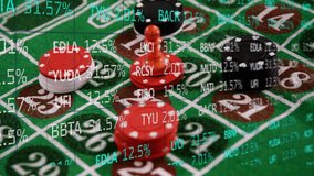 Animation of financial data processing over stacks of casino game chips on board. gambling, card games and entertainment concept digitally generated video. - Powered by Shutterstock - Get 15% off with code: PIKWIZARD15