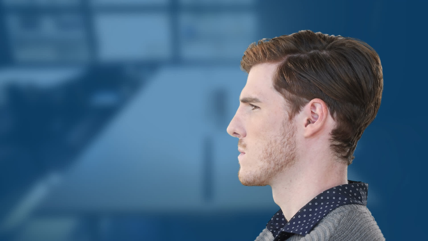 Animation of causasian male over stock market values. global education, data processing and digital interface concept digitally generated video.