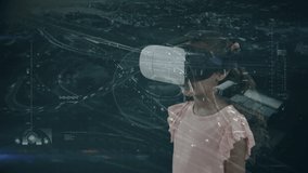 Animation of network of connections over girl wearing vr headset. global technology, connections, data processing and digital interface concept digitally generated video.