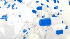 Animation of pills falling over globe and network of connections on white background. global science, connections and digital interface concept digitally generated video.