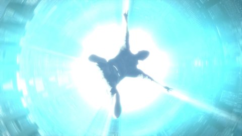High quality, realistic CGI animation of an alien abduction, looking up at an unconcious man floating up a blue beam of light towards a huge rotating flying saucer, spaceship