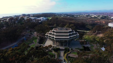July 8, 2021 - La Jolla, California. Geisel Library at University of San Diego campus. Drone video 4k