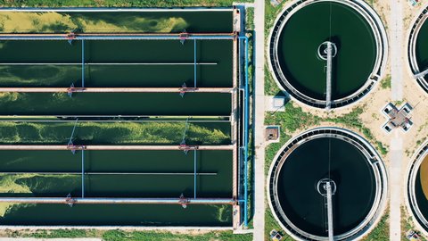 Top view of sewage treatment facilities filled with water