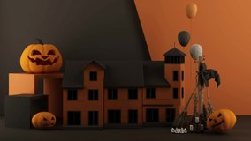 Halloween concept in the house with the lights on with glowing pumpkin heads, witch brooms, surrounded by balloon and candles in a dark black background. 3d render animation stop motion loop video