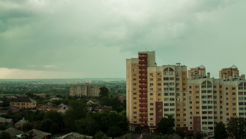 Quick rain in city, view from rooftop, timelapse, shot in RAW 4K