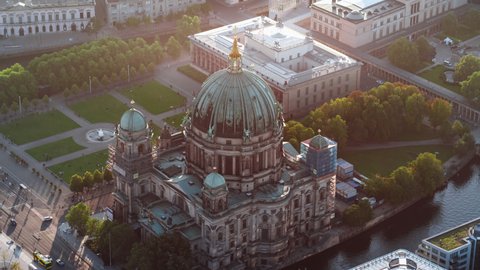 Berlin, Germany - circa 2021: Establishing Aerial View Shot of Berlin, Germany, Berlin Cathedral, Mitte, sunny day