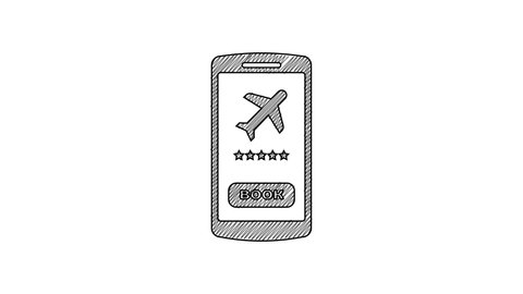 Black line Smartphone with electronic boarding pass airline ticket icon isolated on white background. Passenger plane mobile ticket for web and app. 4K Video motion graphic animation.
