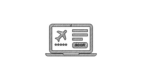 Black line Laptop with electronic boarding pass airline ticket icon isolated on white background. Passenger plane mobile ticket for web and app. 4K Video motion graphic animation.