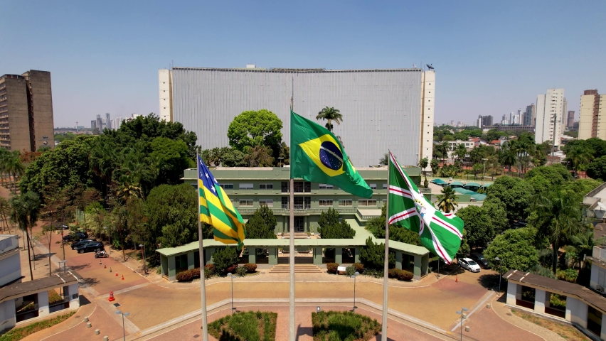 Waving Flags. Flags Wave. Skyline city. Downtown city skyline. Aerial landscape of cityscape of downtown disctrict. City skyline. Goiania, Goias, Brazil. Waving Flags. Flags Wave. Goiania, Brazil.