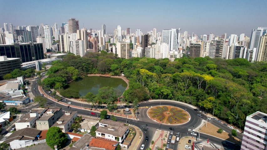 Goiania, Brazil. Skyline city. Downtown city skyline. Aerial landscape of cityscape of downtown disctrict. City skyline. Goiania, Goias, Brazil. Lagoon Park. Lake Park. Forest Park. 