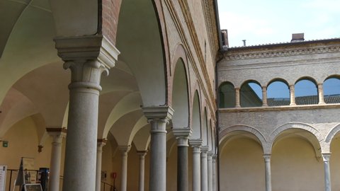 Ravenna Italy JUNE, 5, 2016 Portico of the cloister of the Franciscan monastery of Ravenna. Pan view.