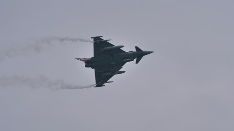 Zeltweg Austria SEPTEMBER, 6, 2019 Air Force military fighter jet in flight at low speed with landing gear extracted. Eurofighter Typhoon EFA of Austrian Air Force