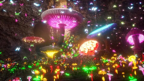 A mysterious magical cave with flying butterflies and magical glowing mushrooms. The concept of magical mushrooms. The looped animation is perfect for fairy tales, fantasy and magical backgrounds