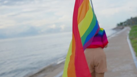 Slow motion 4K. Person holding lgbtq flag in hand. Female waving rainbow LGBT flag on sunset blue sky with pride. Lesbian, Gay, Bisexual, transgender social movements. Freedom of love concept.