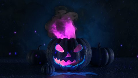 Halloween decorations concept at night. 3d neon scene with a burning pumpkin for halloween