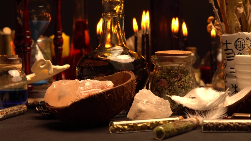 Mortar and pestle witchcraft alchemy still life selective focus, witch craft pharmacy and medicine. Spiritual occultism chemistry, magic alchemy and ritual arrangement. Royalty-Free Stock Footage #1079731622
