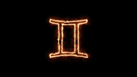 Zodiac signs Gemini on fire. Animation on a black background letters 4K video is burning in a flame.