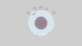 Abstract medical illustration of a cell and moving particles process. Design. Dark core inside and the liquid transparent shell with microscopic particles, concept of biology. - Powered by Shutterstock - Get 15% off with code: PIKWIZARD15