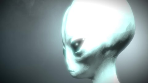 3D CGI VFX animation of a close up headshot of a classic Roswell style grey alien, with glistening black eyes, turning and looking around, on smokey atmospheric monochrome background
