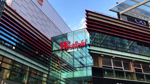 London, England, September 26th 2021: Westfield shopping centre logo, Stratford, East London. Concept for shopping, leisure, retail, supply shortages, price rise, inflation and cost of living.