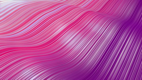 red white purple colors. Abstract bg with waves on surface like glossy fabric folds or waves on liquid, color gradients, extruded lines as stripes on cloth surface. 4k looped background