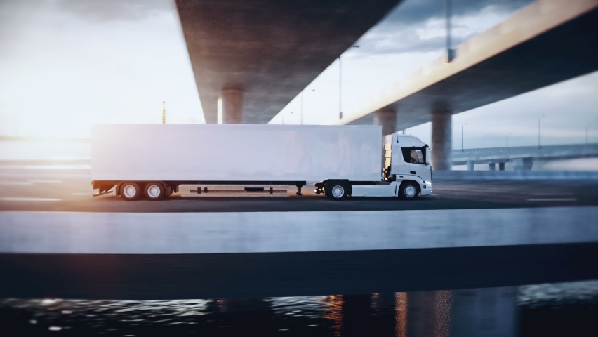 3d generic white delivery truck on highway. Very fast driving. Delivery concept. Realistic 4k animation. Royalty-Free Stock Footage #1079749139