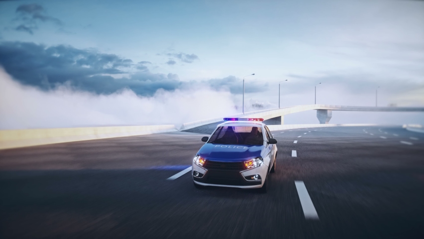 3d model police car on highway. Very fast driving. Realistic 4k animation.