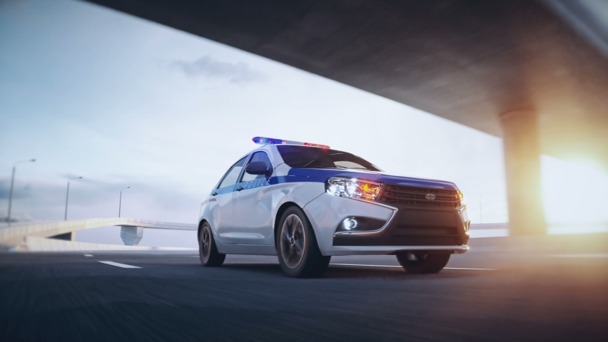 3d model police car on highway. Very fast driving. Realistic 4k animation.