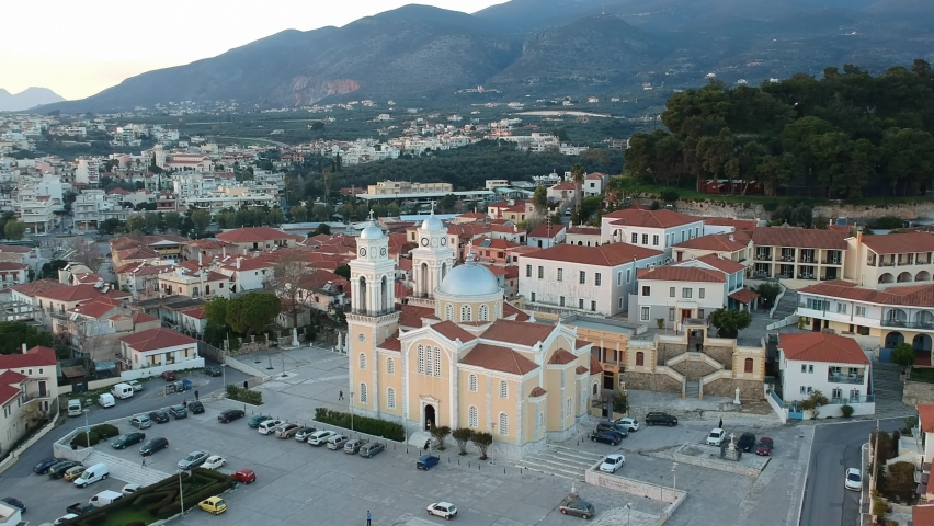 Aerial view around the Metropolitan church of Ypapanti and the castle hill of Kalamata, at the old historical center area located in Kalamata city, Messenia, Greece