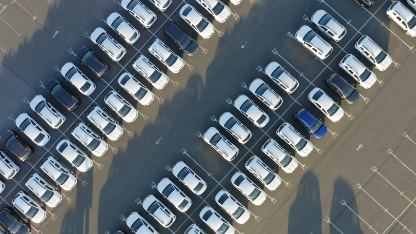 Aerial top down view of the dealership cars export or customs terminal in export and import business and logistics with a rows of new vehicles at sunset Royalty-Free Stock Footage #1079750489