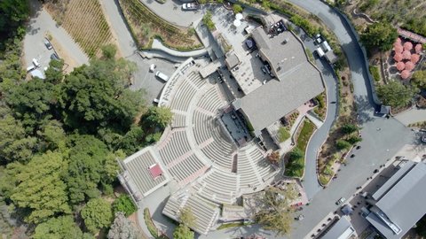 Saratoga , California , United States - 09 23 2021: Aerial view above the empty mountain winery in Saratoga, California - screwdriver, drone shot