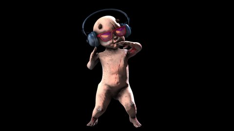 Seamless animation of a zombie devil baby doll dancing with headphones isolated with alpha channel. Terror creepy demon monster character for Halloween background.