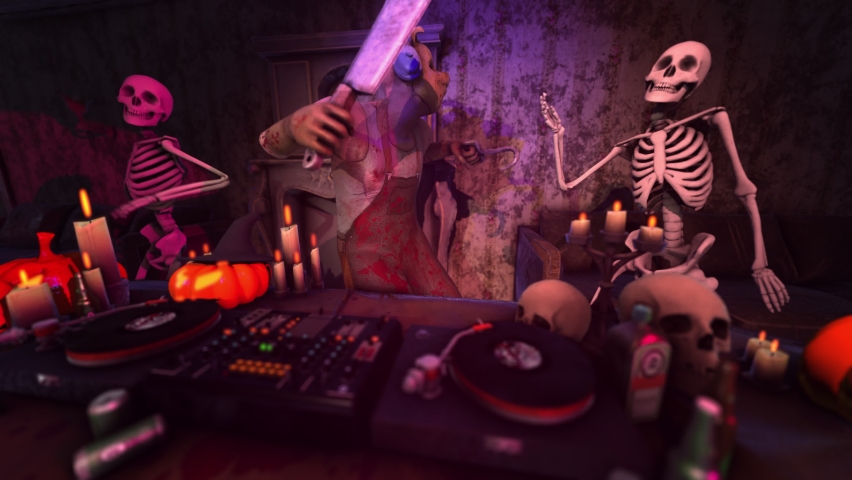 Seamless animation of butcher  killer djing with turntables in a haunted house. Funny party with dancing skeletons and disco lights Halloween background. Royalty-Free Stock Footage #1079761115