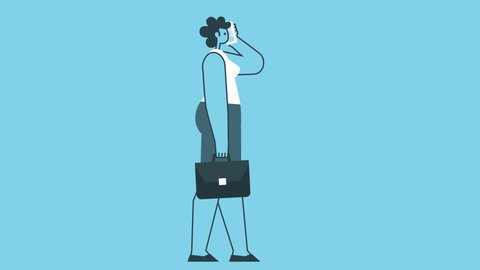 Cartoon Woman with Briefcase Walking with Smartphone Call. Flat Design 2d Character Isolated Loop Animation with Alpha Channel