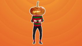 Happy Halloween. Stop motion design, art animation. Dancing man with pumpkin head. Fashion dance with color background. Funny, modern, conceptual, contemporary bright 4k artcollage. Party time concept