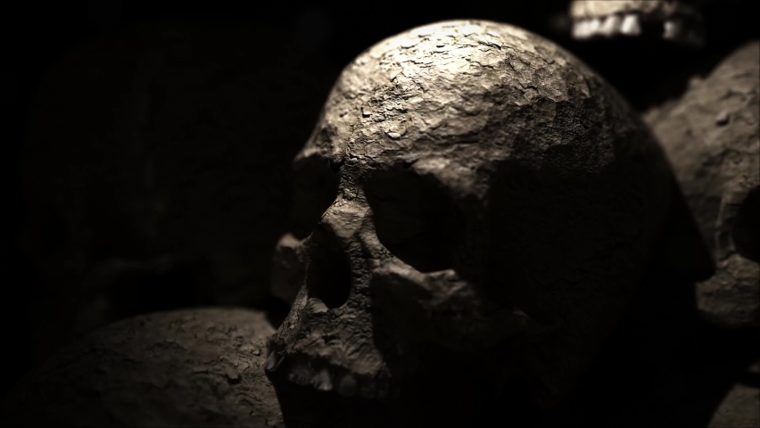 Panning across a bunch of skulls covered in dirt Royalty-Free Stock Footage #1079774546