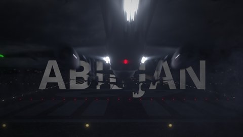 Airplane taking off from the airport with ABIDJAN city name, 3d animation