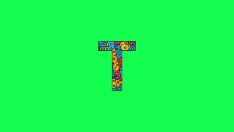 Letter T. Animated unique font made of circles and triangles, polygons. Bauhaus geometric mosaic style. Bright colors. Letter T for icons, logos, interface elements. Green chromakey background, 4K