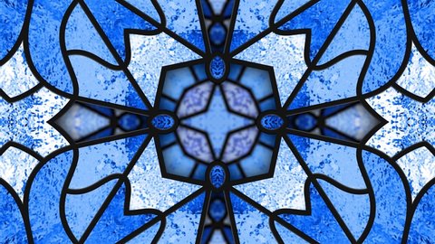 Stained glass window. Color glass. Stylized flowers. Kaleidoscopic dynamic background. Transparency. Blue seamless looping animation footage. Psychedelic motion design. Dj loop. Vj loops. 4K