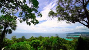 Landscape video Phuket view point. KATA VIEW THREE BEACH. Sea view and green nature tree.
