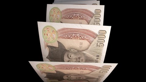 Loopable: Counting banknotes animation. Flipping 5000 South Korean won bills. Infinite flow of money.+Alpha channel (luma key) Seamless.3d render.Money.