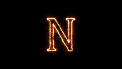 Letter N fire. Animation on a black background the letter 4K video is burning in a flame.