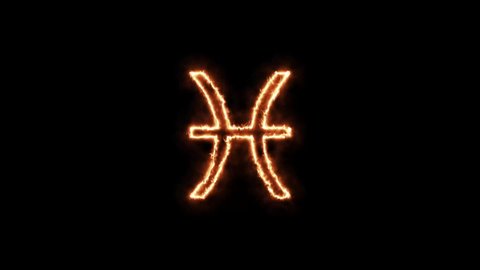 Zodiac signs Pisces on fire. Animation on a black background letters 4K video is burning in a flame.