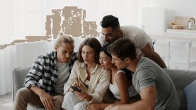 Group Of Young Multiethnic Friends Using Smartphone Together While Relaxing At Home, Cheerful Men And Women Choosing Photo Content For Social Networks Or Browsing Dating App, Slow Motion Footage