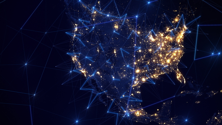 Animation of Earth and United States Map with Bright Connections and City Lights. Blue Lines and Nodes Representing Satellite, Mobile and Technological Signals | Shutterstock HD Video #1079801120