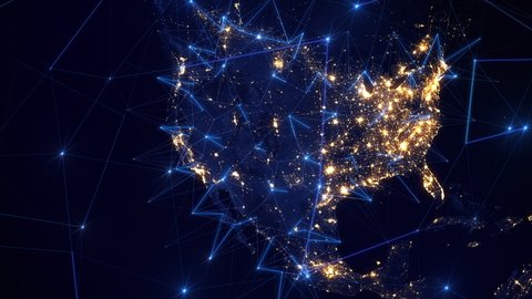 Animation of Earth and United States Map with Bright Connections and City Lights. Blue Lines and Nodes Representing Satellite, Mobile and Technological Signals