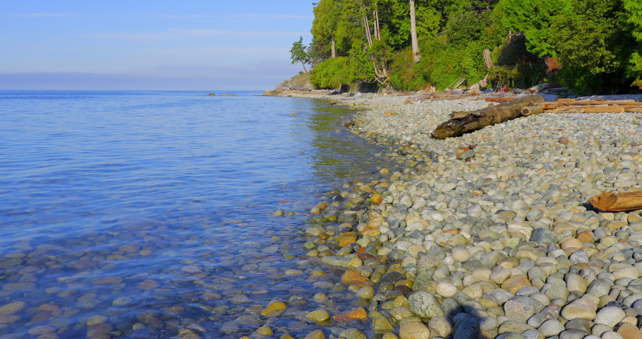 Establishing shot of ocean beach with logs, rocks and pebbles in slow motion at summer day in Vancouver, Canada, North America. Day time on September 2021. Still camera.  