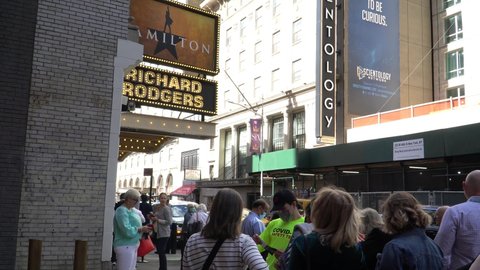 New York, New York  United States - September 26 2021: Hamilton Broadway COVID safety team checking vaccination cards as patrons prepare to enter the theater for a Sunday matinee.